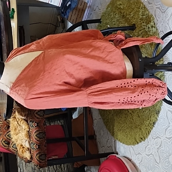 Womens Blouse Tie Front Embroidery Rustic Autumn Pumpkin spice M LOVESTITCH b46 - Picture 4 of 10